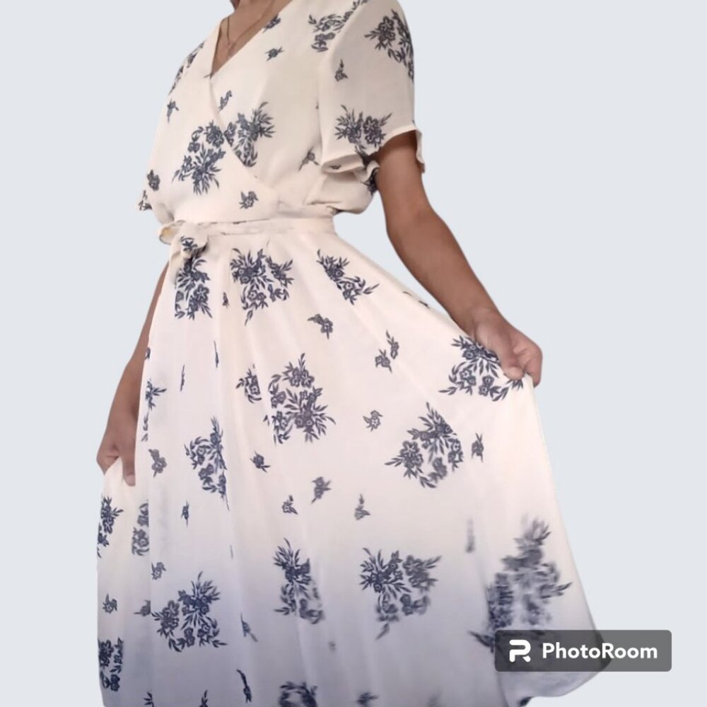 Cream Floral Tie Waist Midi Dress Lined Flowy Summer Tan Beige Flower Lounge XS - Picture 3 of 6